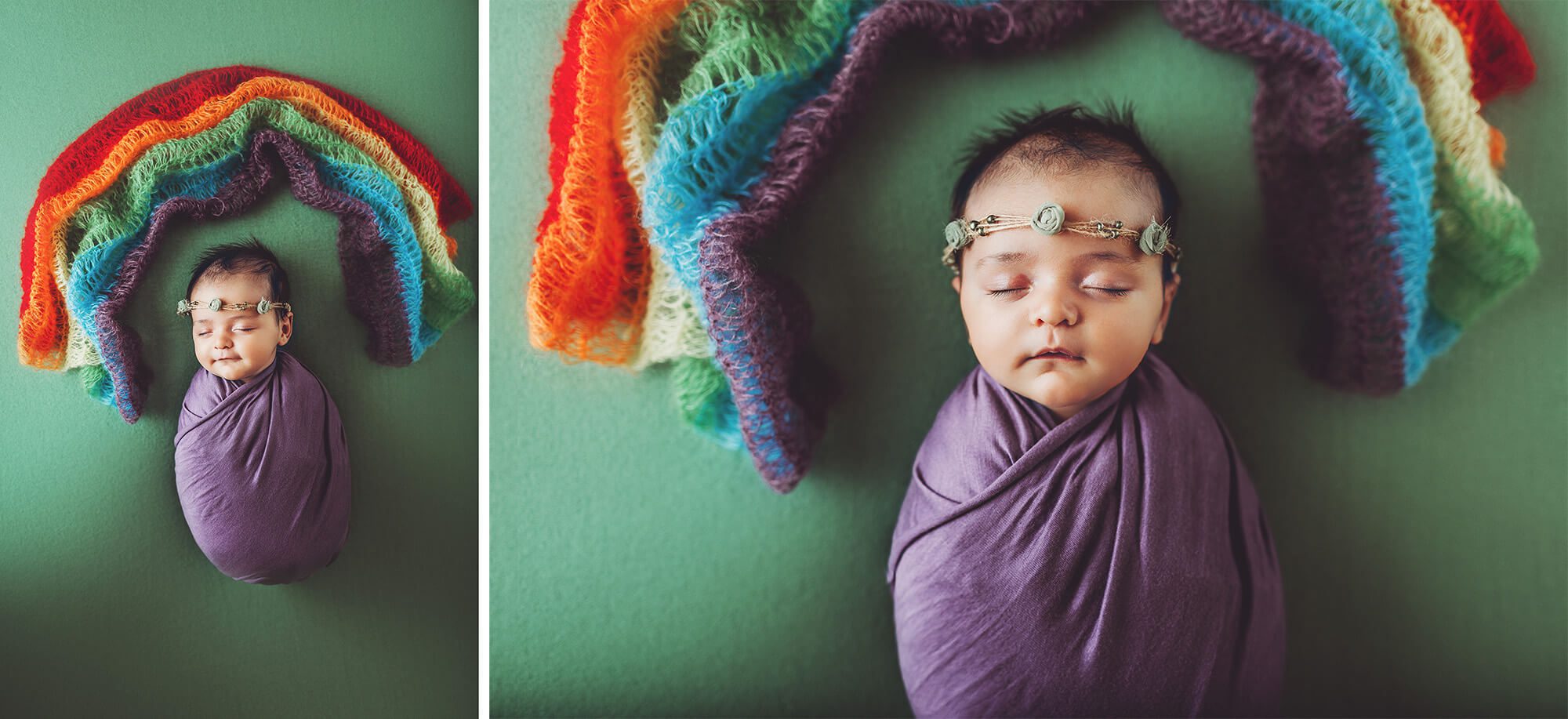 Amelia under a rainbow representing both her birth during the pandemic and her in-vitro journey.