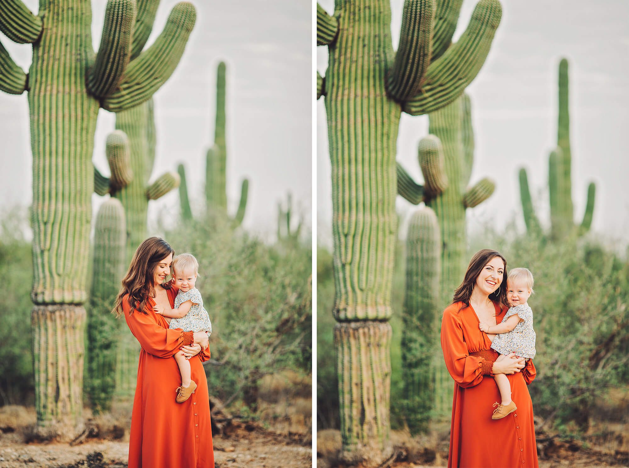 Sweet snuggles between mom and daughter at Saguaro National Park