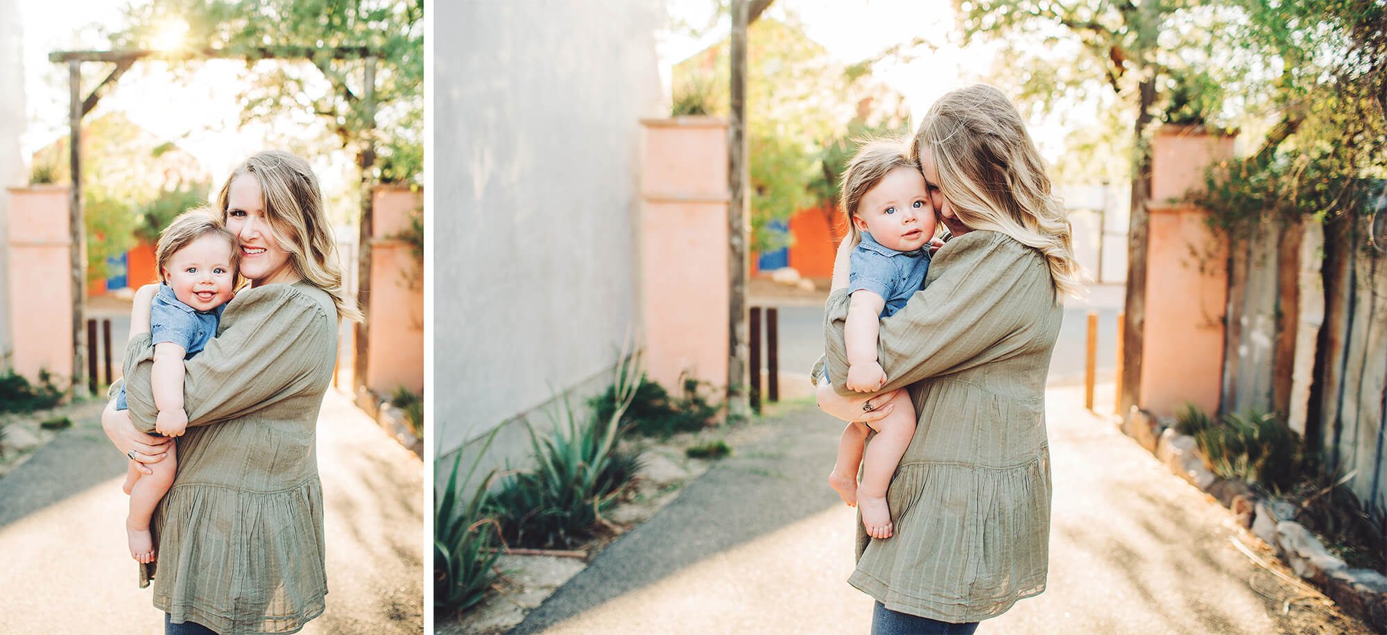 Mom and son with beautiful warm summer backlighting in downtown Tucson