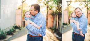 No matter the heat of summer in Tucson, dad gets close to kiss and snuggle his baby boy during their family photo session in Tucson