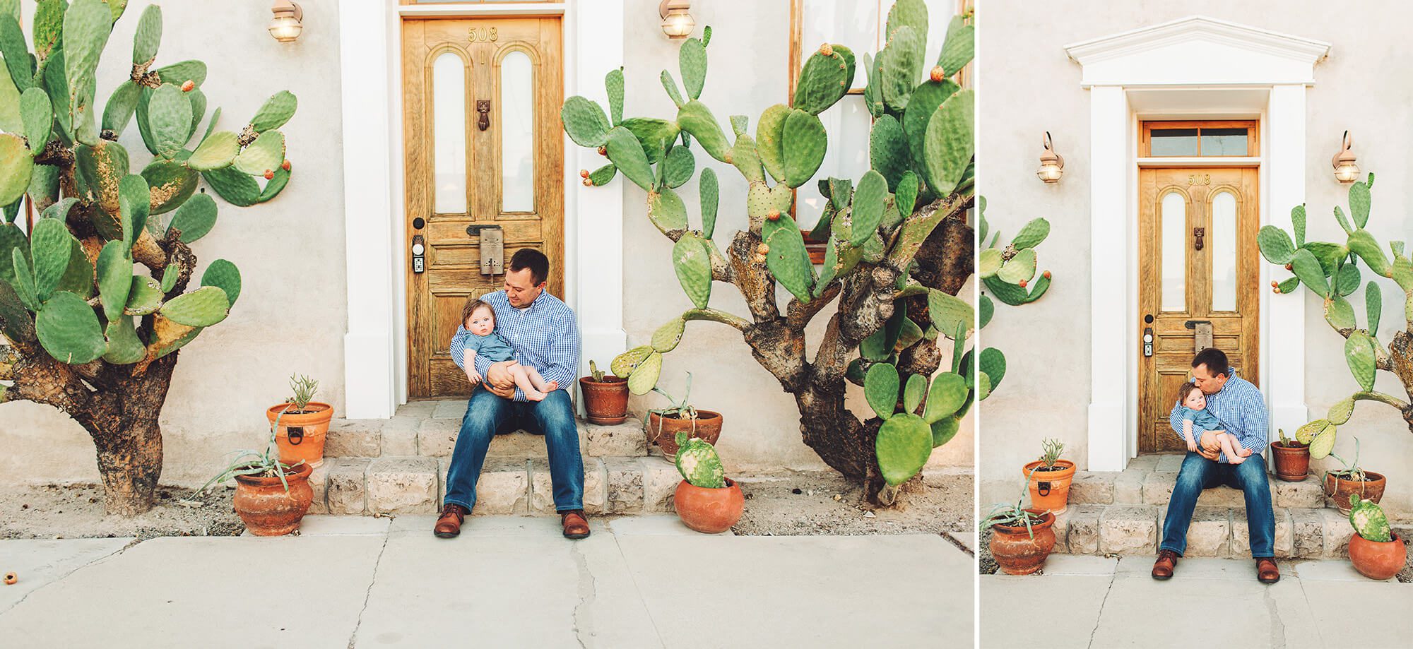 Dad and his baby boy on the steps of a Tucson Barrio Viejo original home.