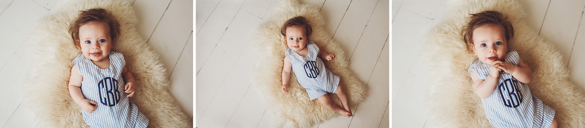 Three photos of carter in his monogrammed onesie during is baby studio session