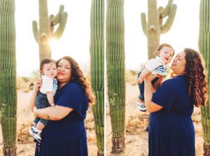 Easton and his beautiful aunt as the morning sun shines through the saguaro behind them