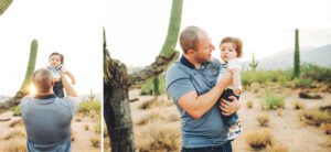 Dad and son together in front of a saguaro at Saguaro National Park