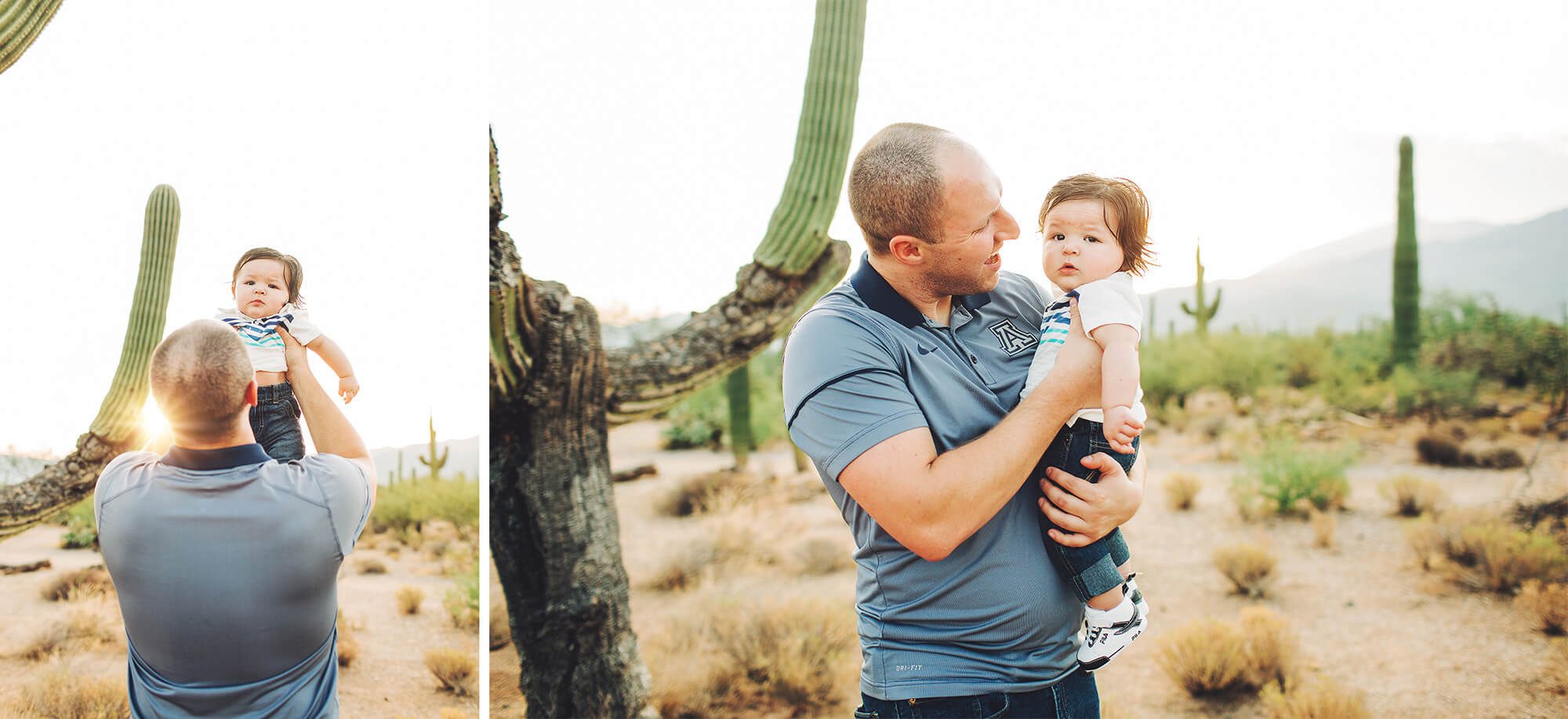 Dad and son together in front of a saguaro at Saguaro National Park