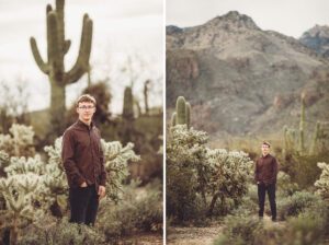 Cory with saguaros and the Catalina mountains behind him.