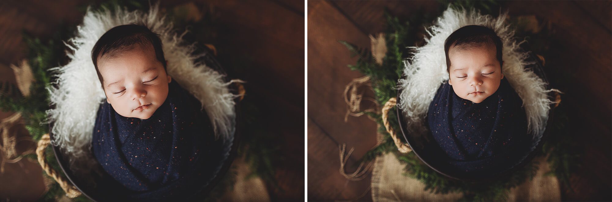 A newborn boy wrapped in blue in a bucket surrounded by green vines by Frankfurt Newborn photographer