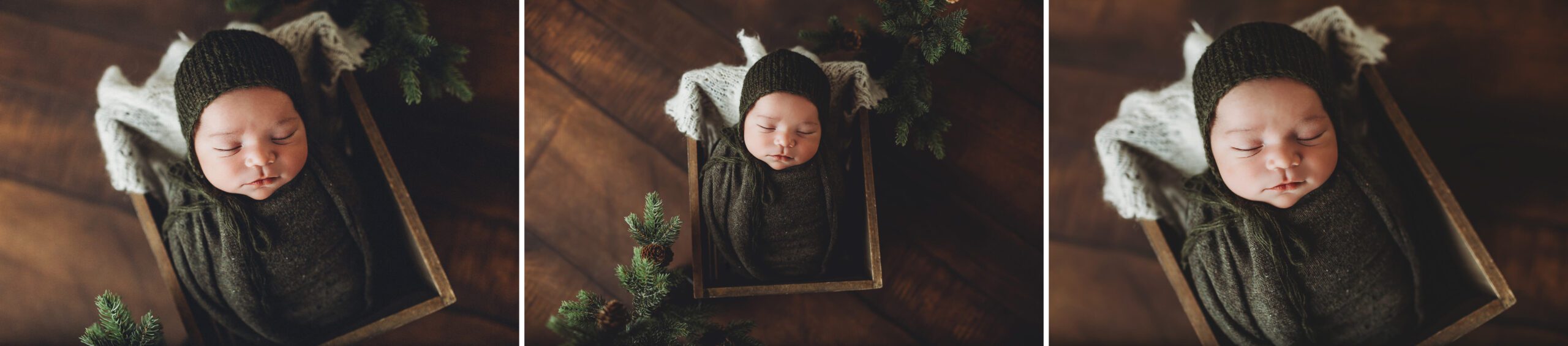 Newborn baby Oliver in sage green with a matching cap in wood and greenery