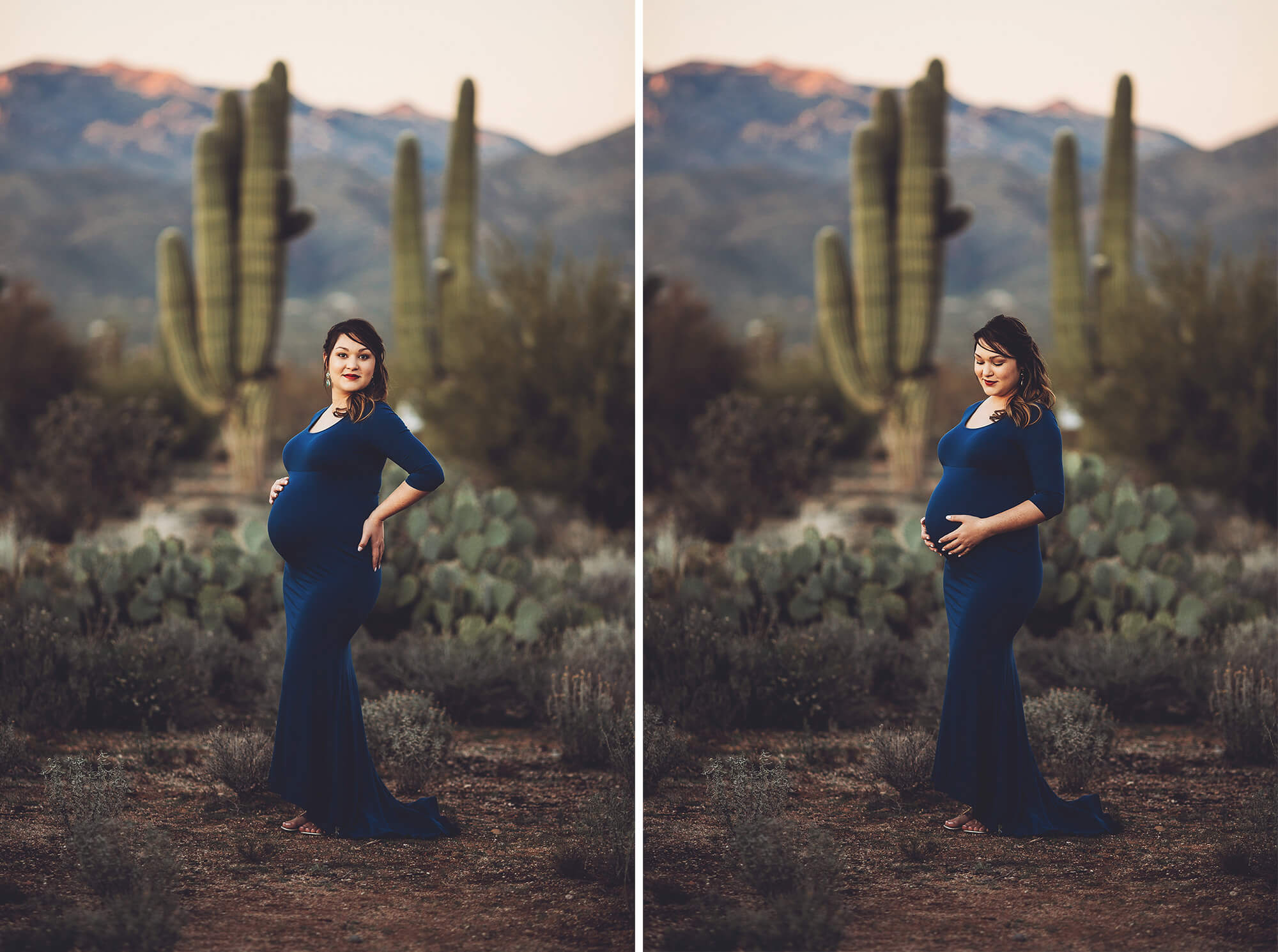 Alicia looking breathtaking with the mountains and giant saguaros behind her.
