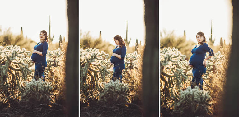 Alicia surrounded by jumping cactus during her maternity session at Saguaro National Park