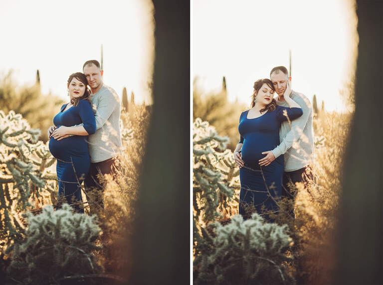 Alicia and her husband surrounded by jumping cactus during her desert maternity session