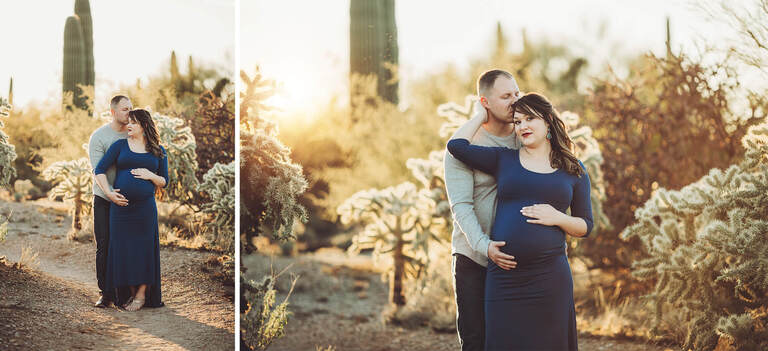 Walking down one of the Saguaro National Park trails, Alicia and her hubby during their maternity session