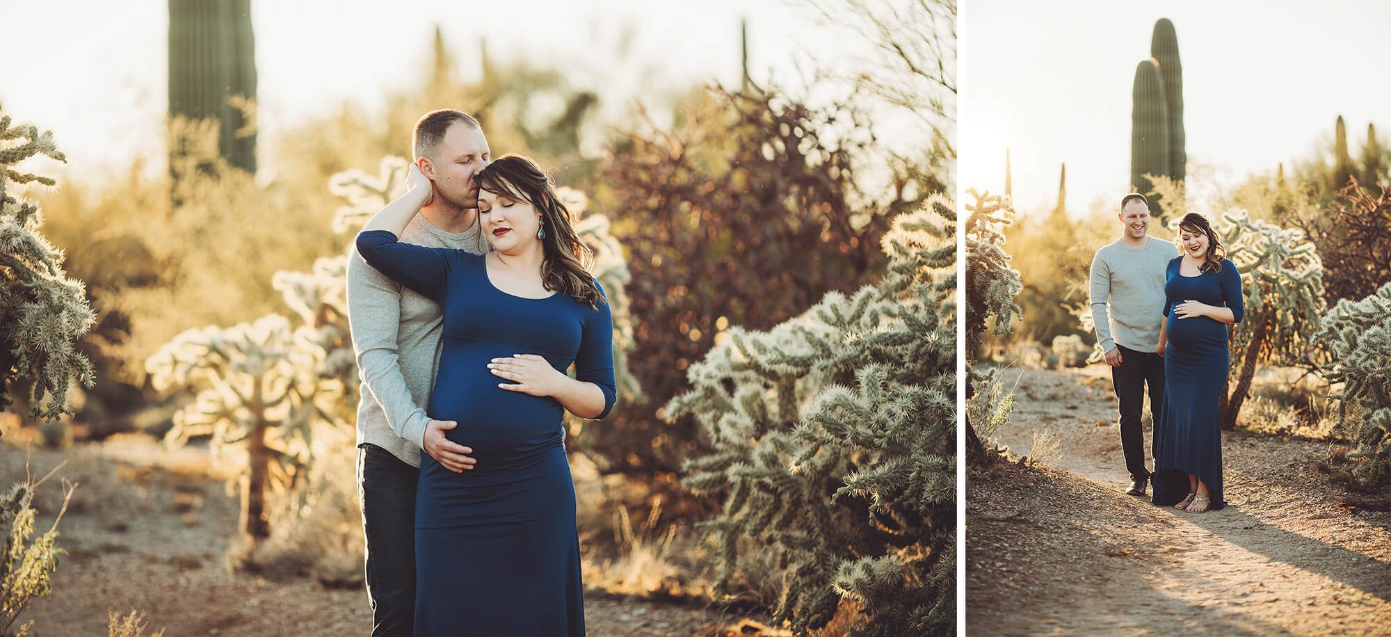 At Broadway Trailhead in Saguaro National Park, Alicia and her hubby at their maternity session