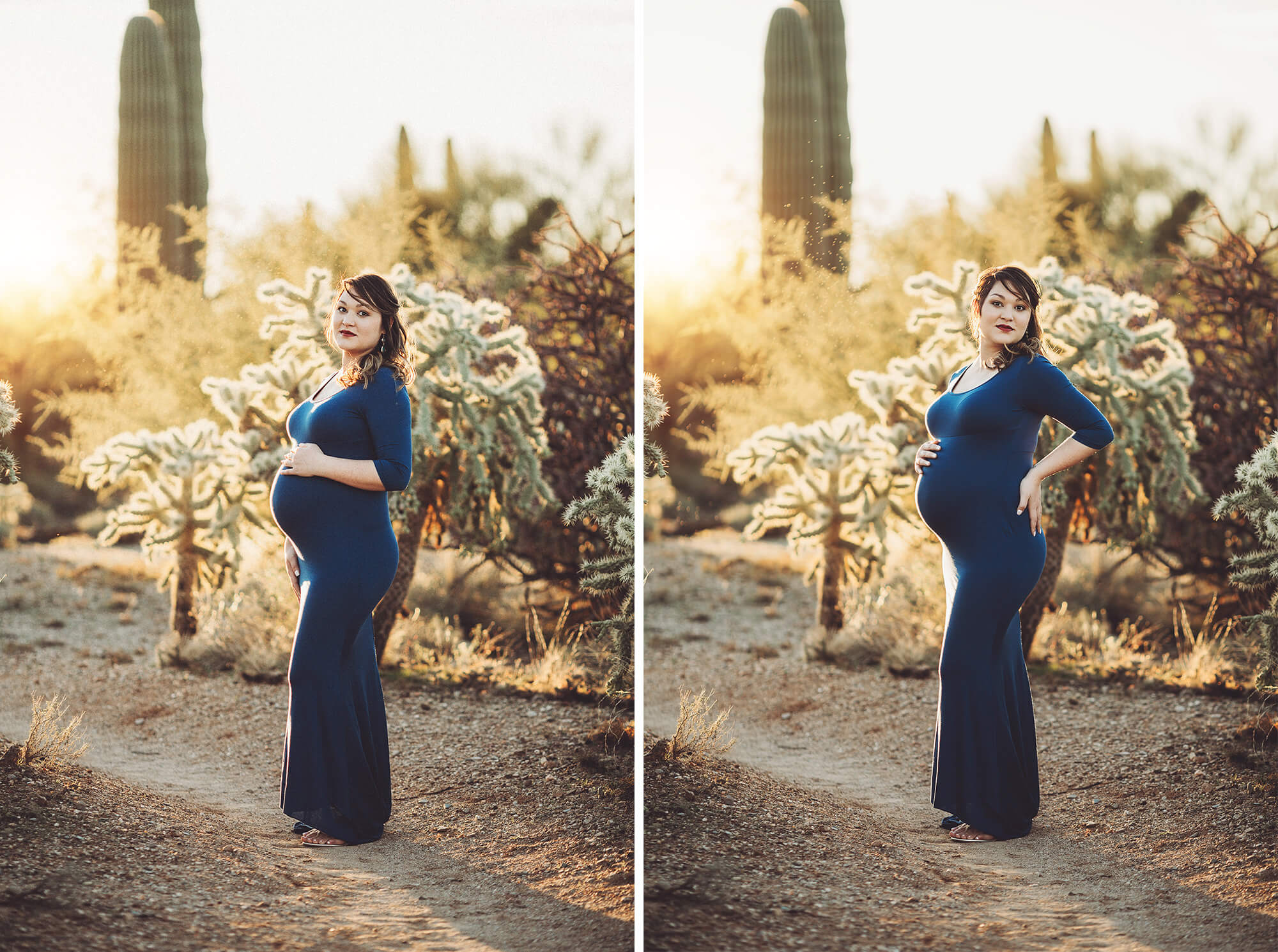 A sunset maternity with Alicia in blue against the desert background