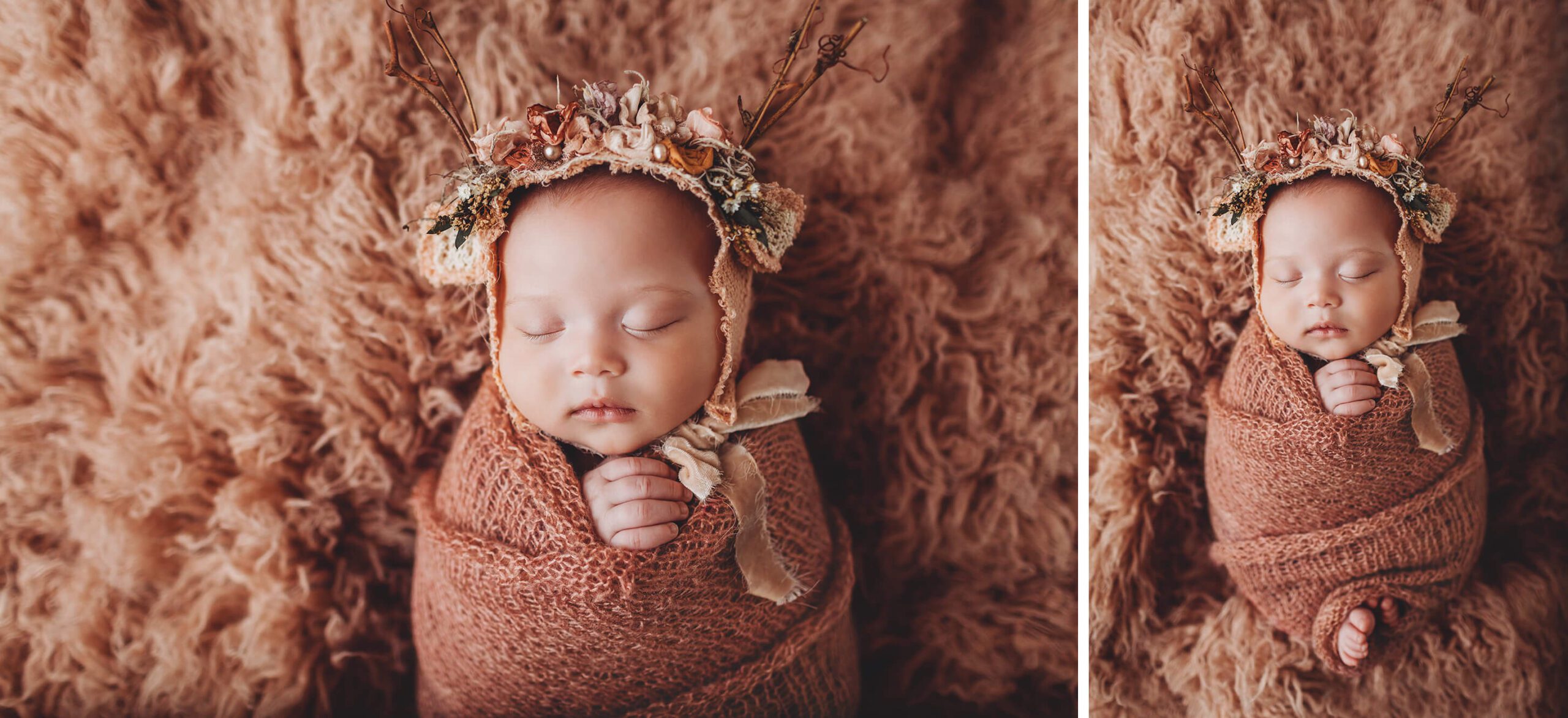 Tiny deer bonnet and beautiful peach colors for this beautiful little girl