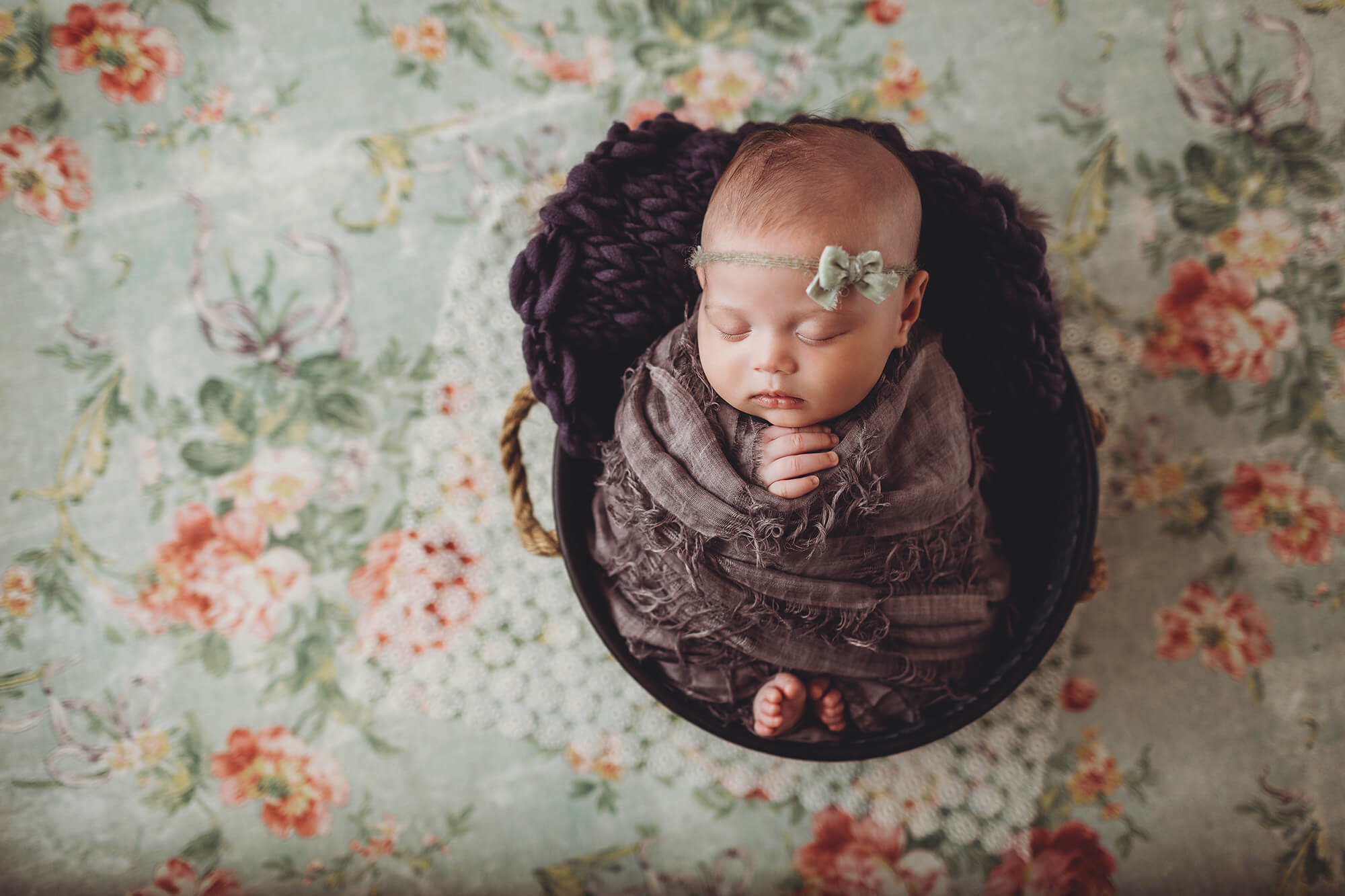 Vintage florals, purple, and vintage doily for this beautiful girl