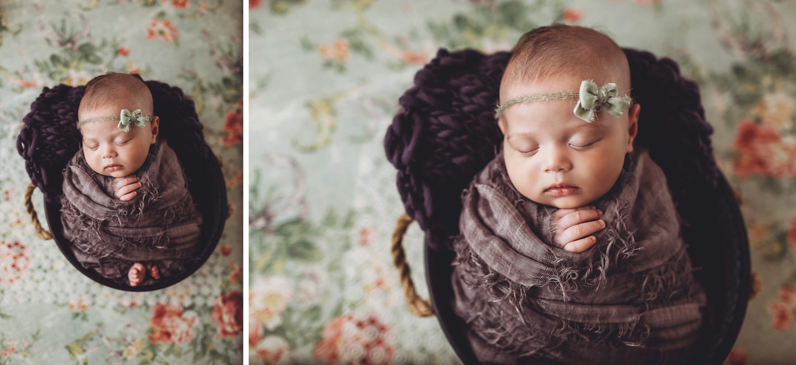 Rubi wrapped in purple on a vintage floral backdrop