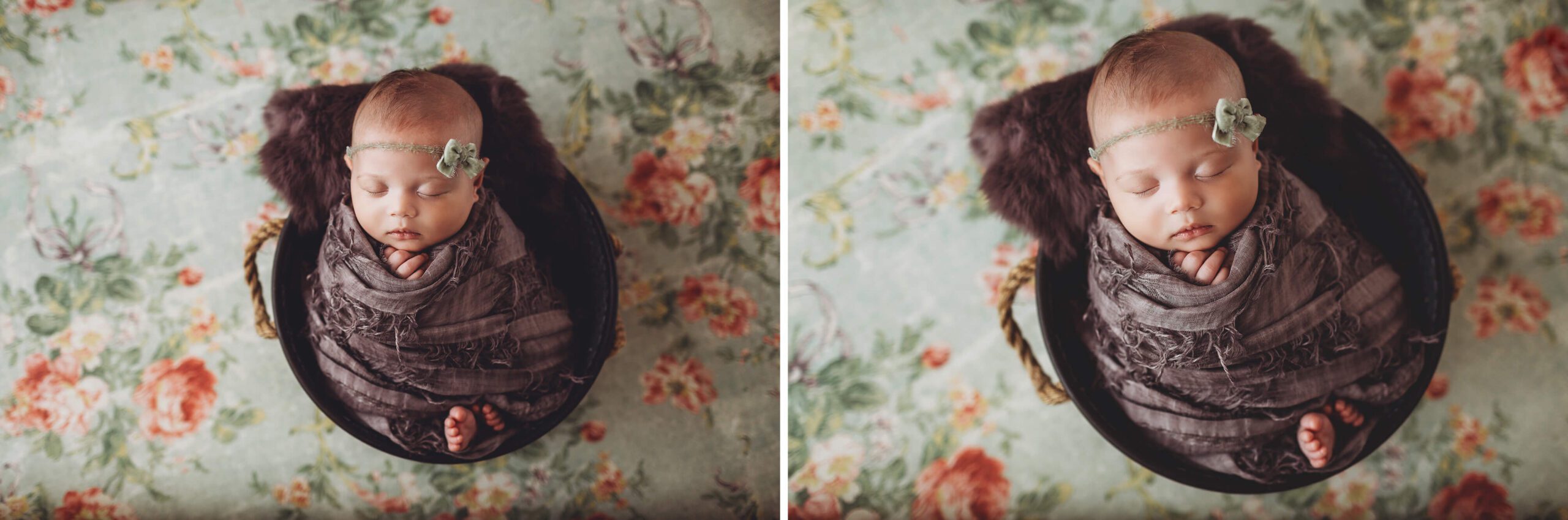 Purple wrap and fur, and vintage floral backdrop for Rubi's newborn session 