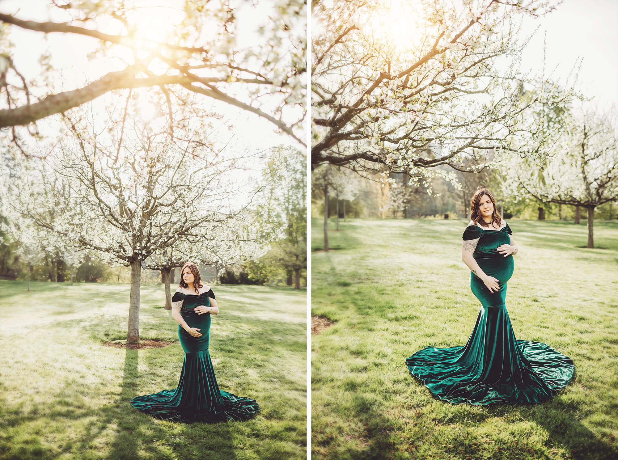 Christina looking breathtaking in her green velvet maternity gown for her session with Frankfurt maternity photographer