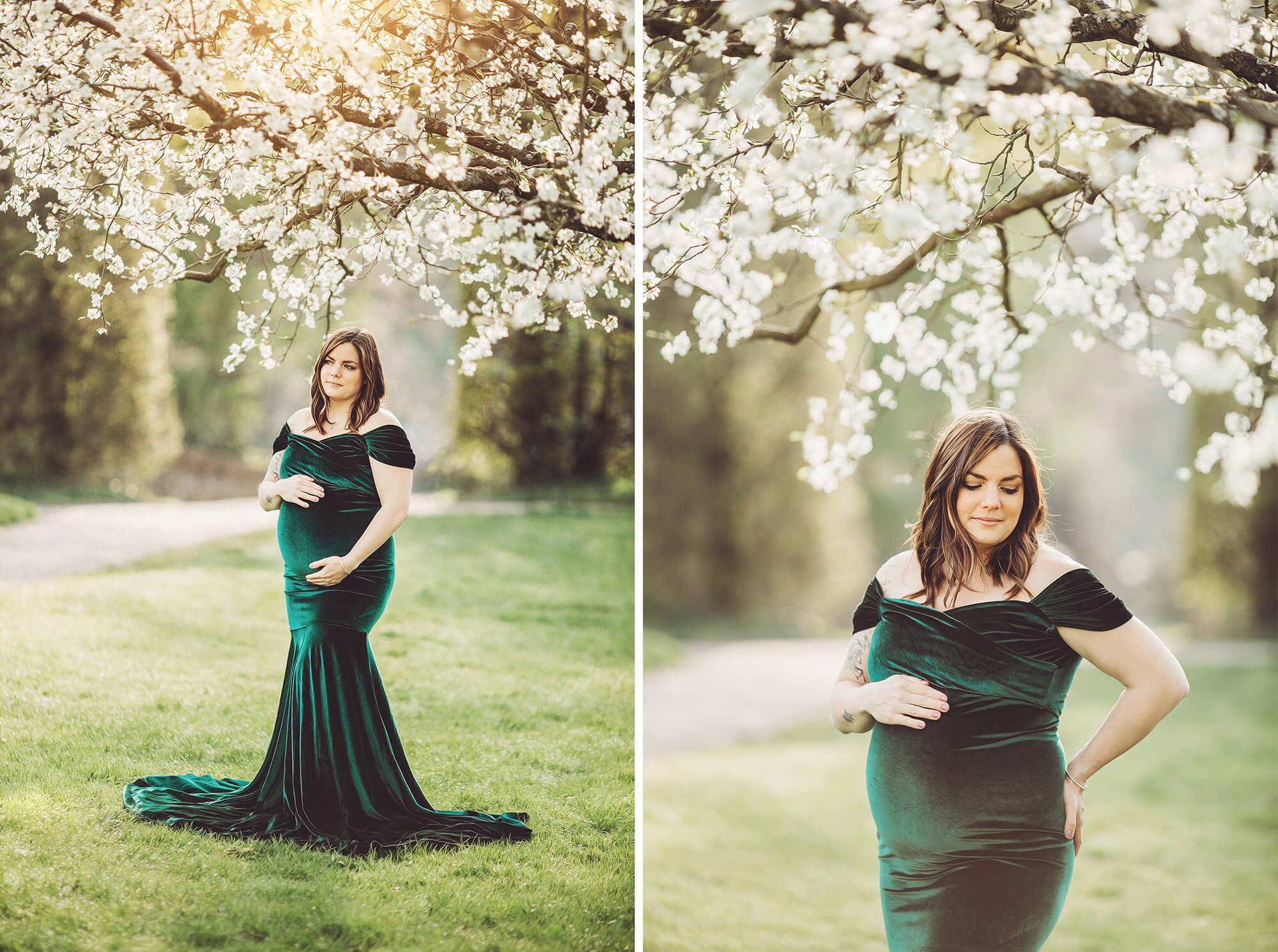 The incredible blossoms create a magical spring canopy for Christina during her maternity session.