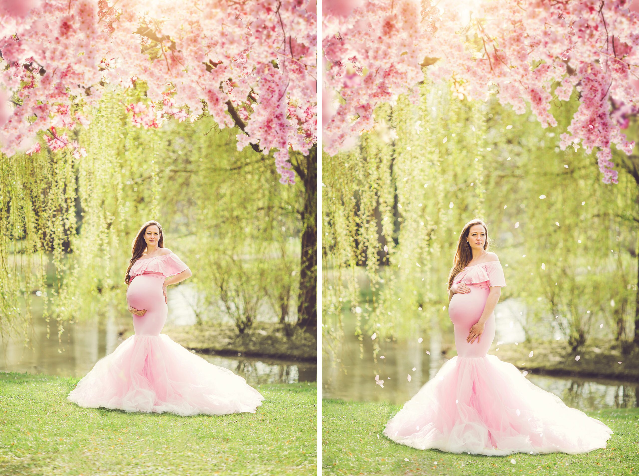 The change of white to pink creates a little fairytale magic during Tabitha's spring maternity session