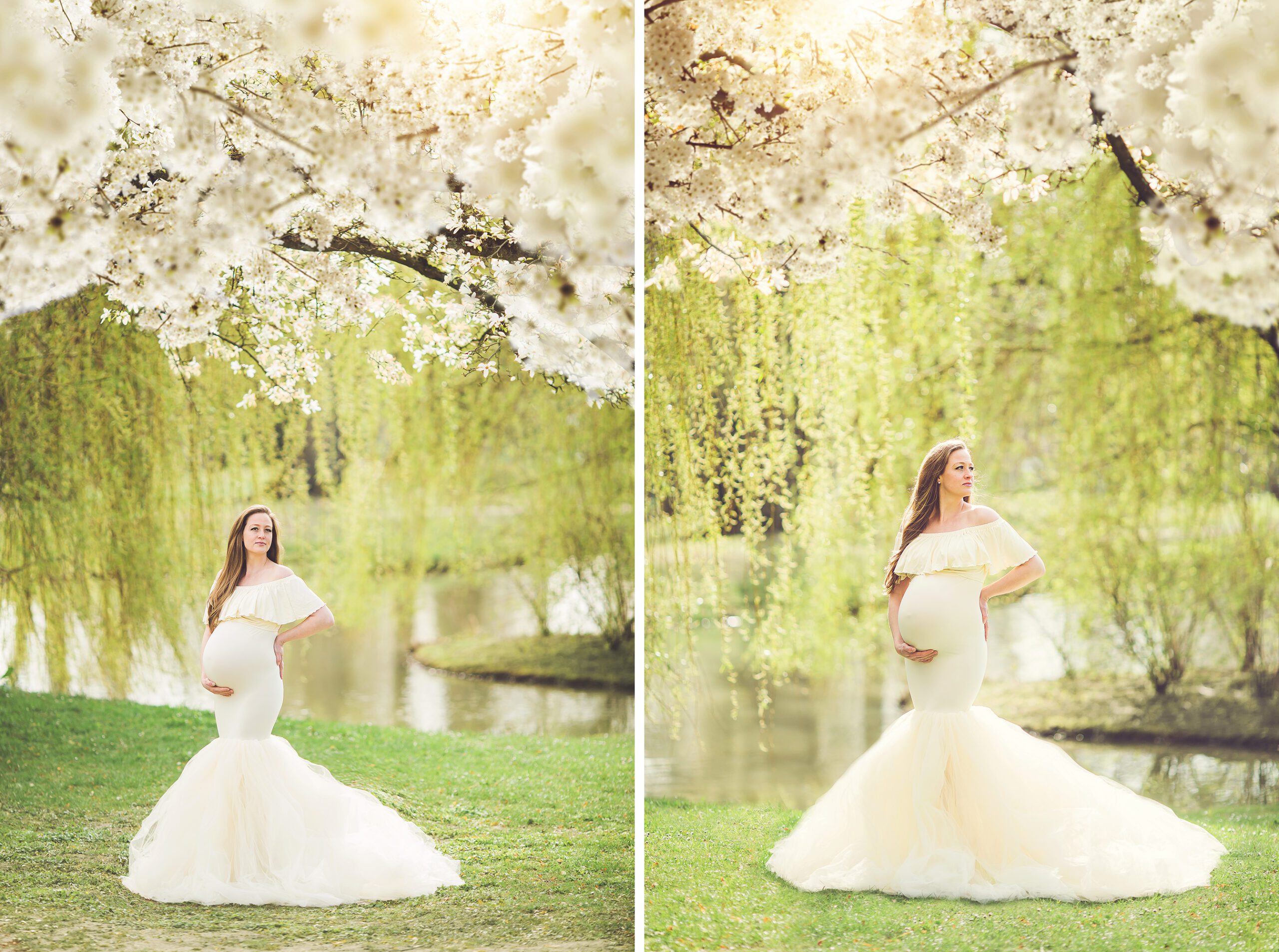 Creams and spring greens are in abundance during this spring maternity session by Wiesbaden maternity photographer