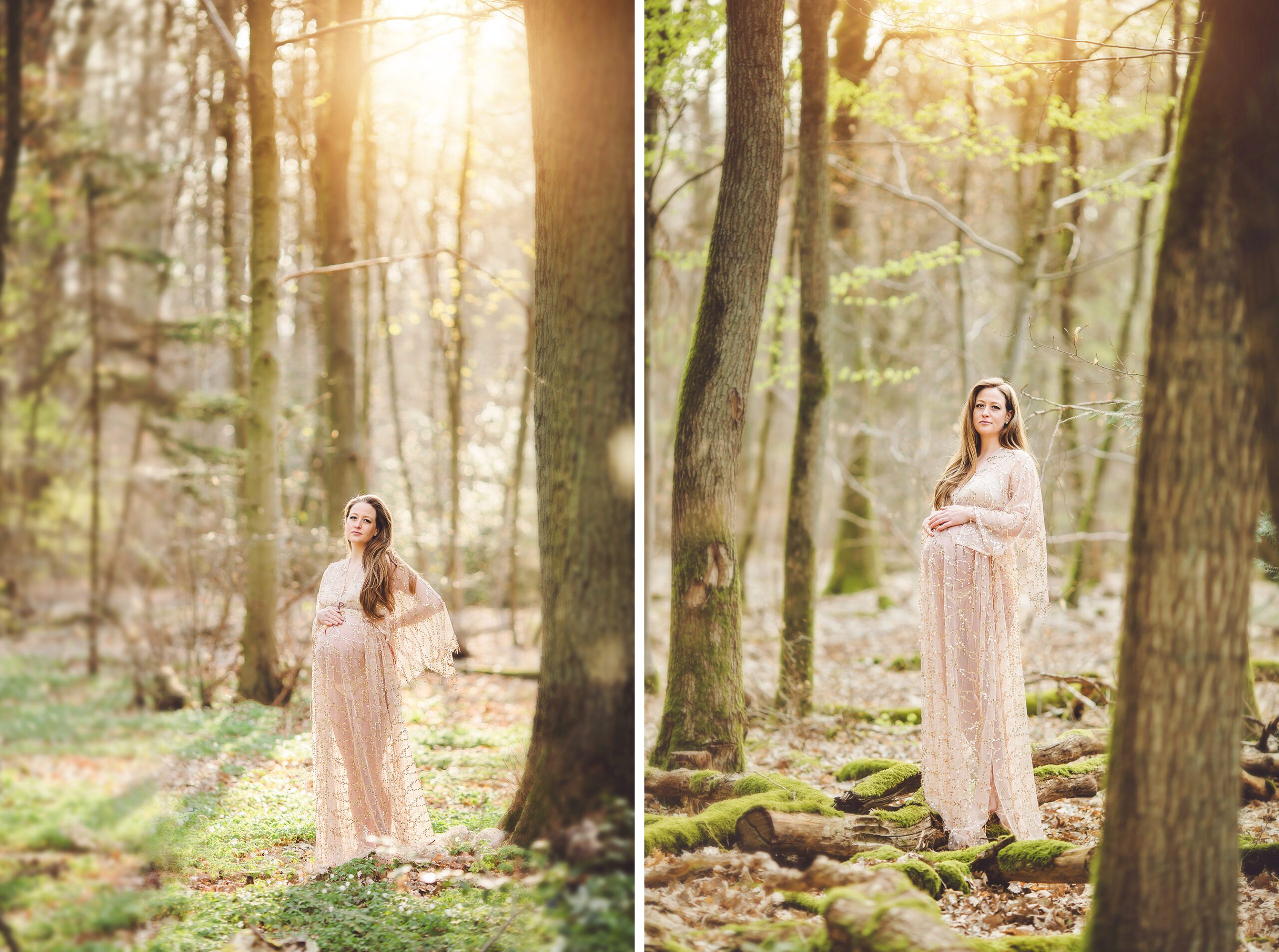 Tabitha amongst the tall trees of the Hartwald during her maternity session near Frankfurt