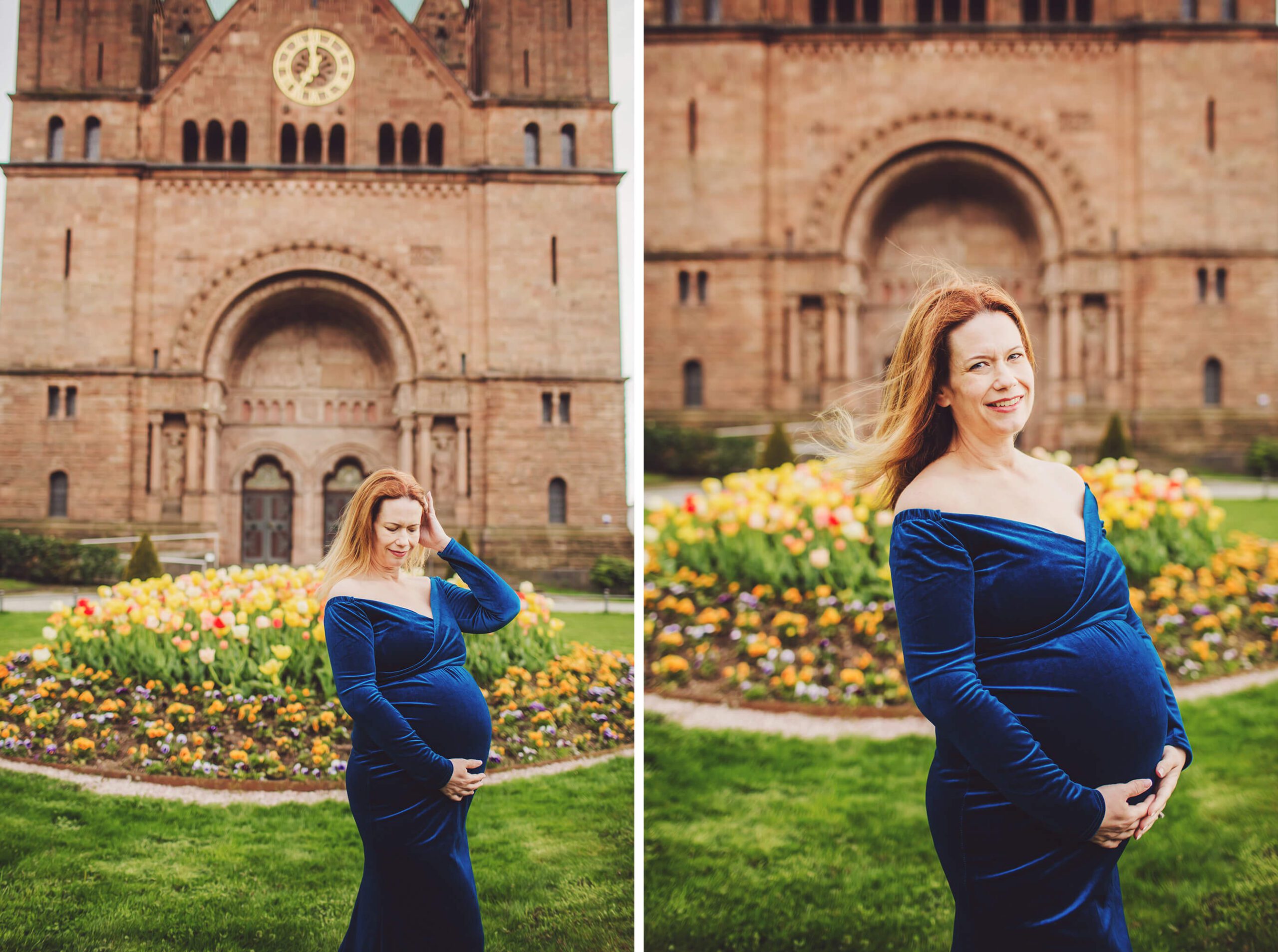 Evie in front of the nearby church, a background of spring tulips swaying in the breeze behind her