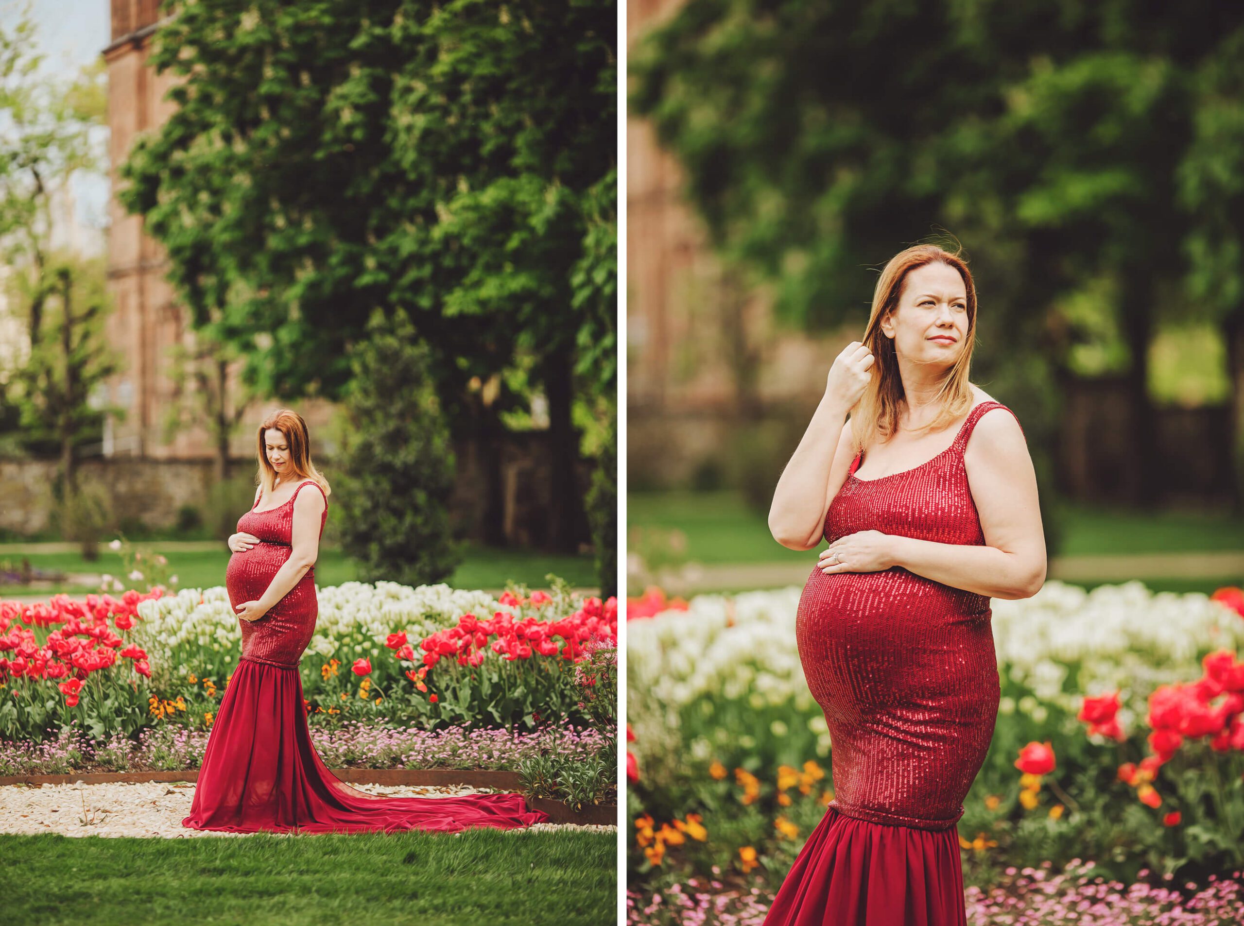 Evie in one of my red maternity gowns with the red flowers of spring