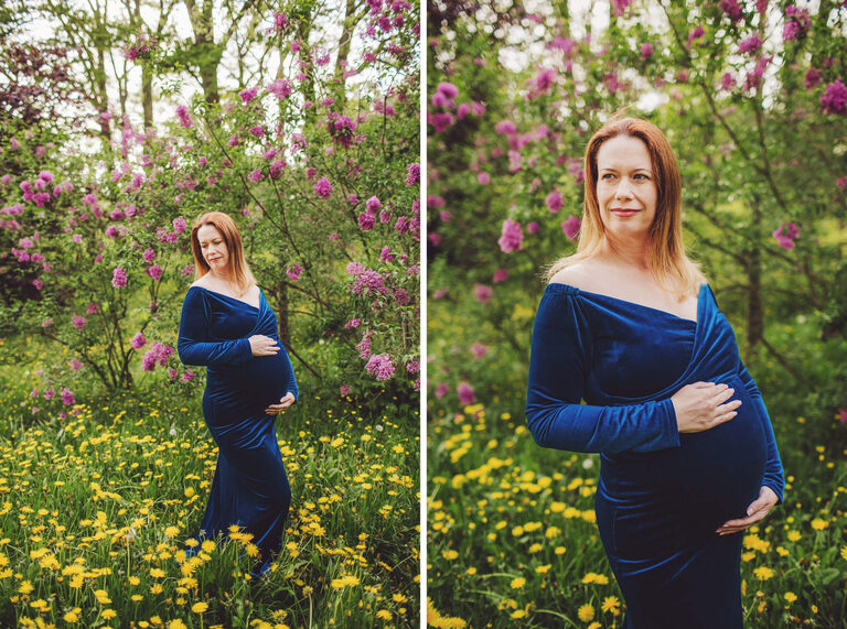 Looking beautiful in her blue velvet gown amongst the lilacs and daisies