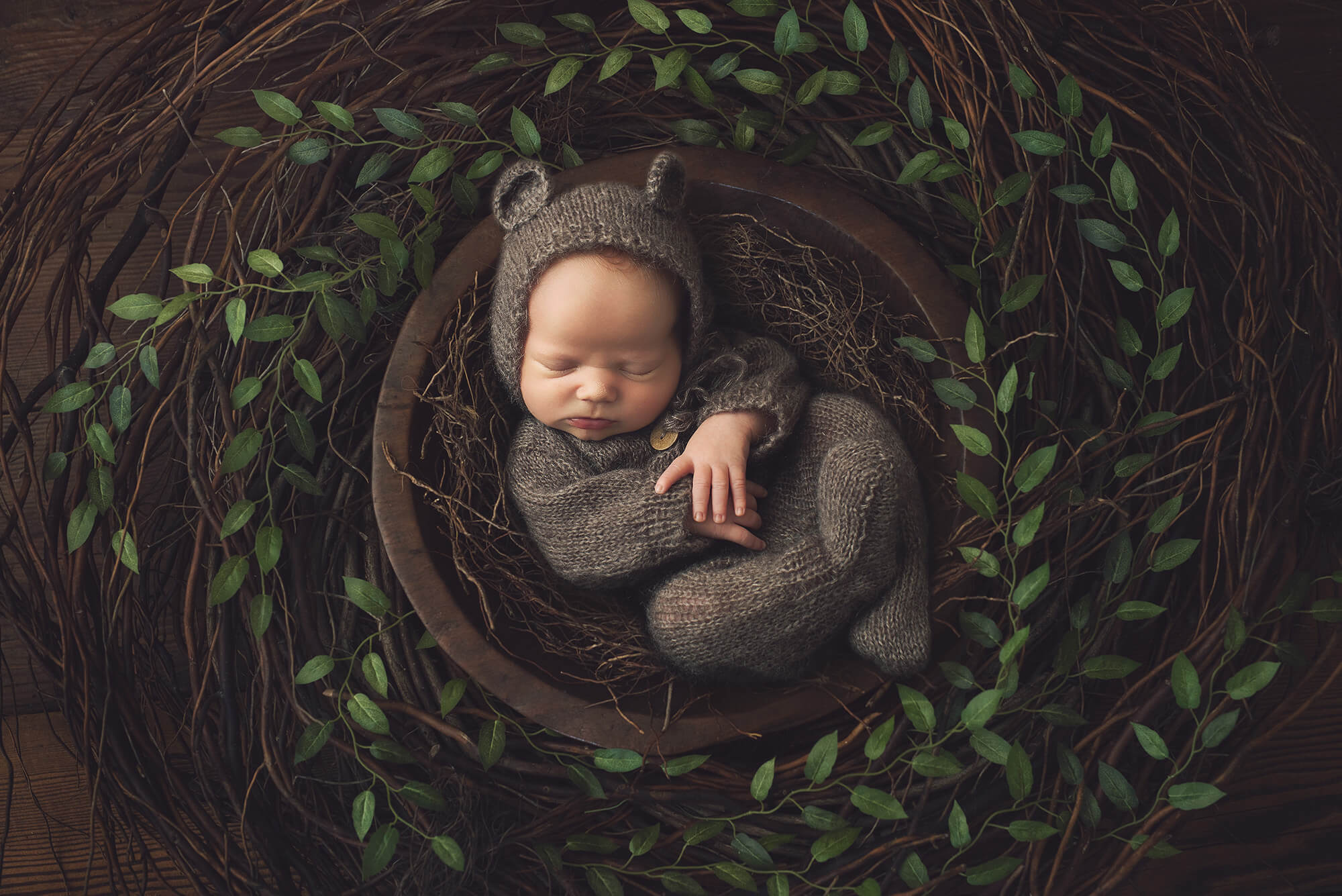 One last of Hudsen in a bear outfit in a bowl of branches