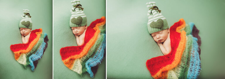Too many cute poses of Hudsen in green and rainbow